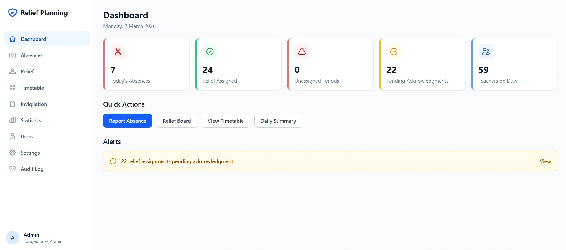 Relief Planning dashboard showing daily absence overview cards, quick actions and an alerts banner