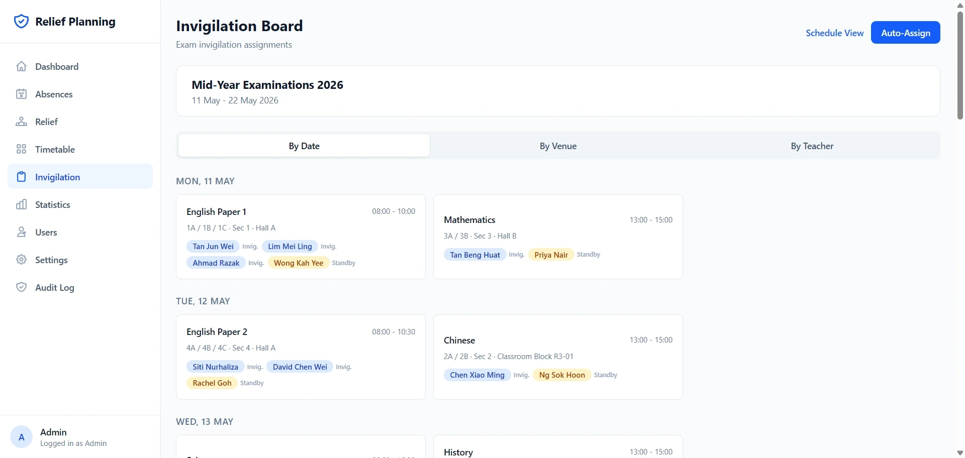 Invigilation assignment board listing exam sessions with assigned invigilators and filters