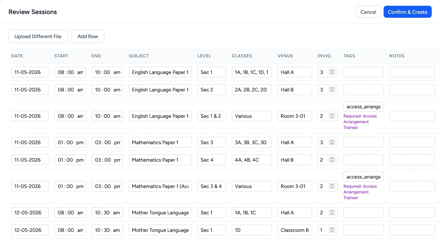 Exam schedule automatically imported from an uploaded Excel file