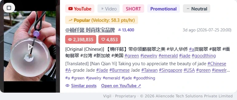 A monitored post shown with its original non-English caption and the English translation beneath it, alongside engagement figures and a trending marker