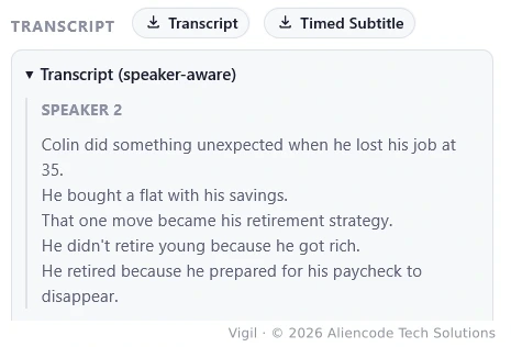 Speaker-aware transcript panel showing separated speakers and downloadable transcript and timed subtitle files